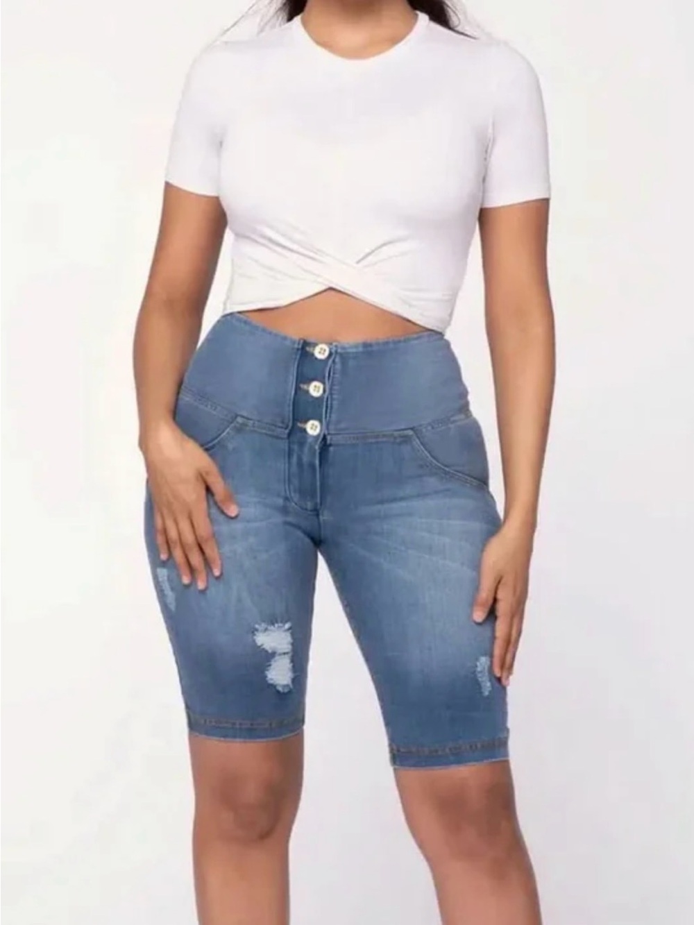 WRUP Distressed Denim - High Waisted Biker Shorts Light Blue/Yellow Stitching XS